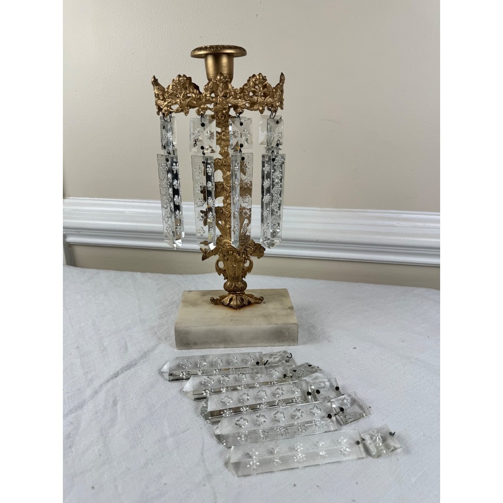 Antique Victorian Girandole Candlestick Stamped Marble Brass + 5 Extra Prisms
